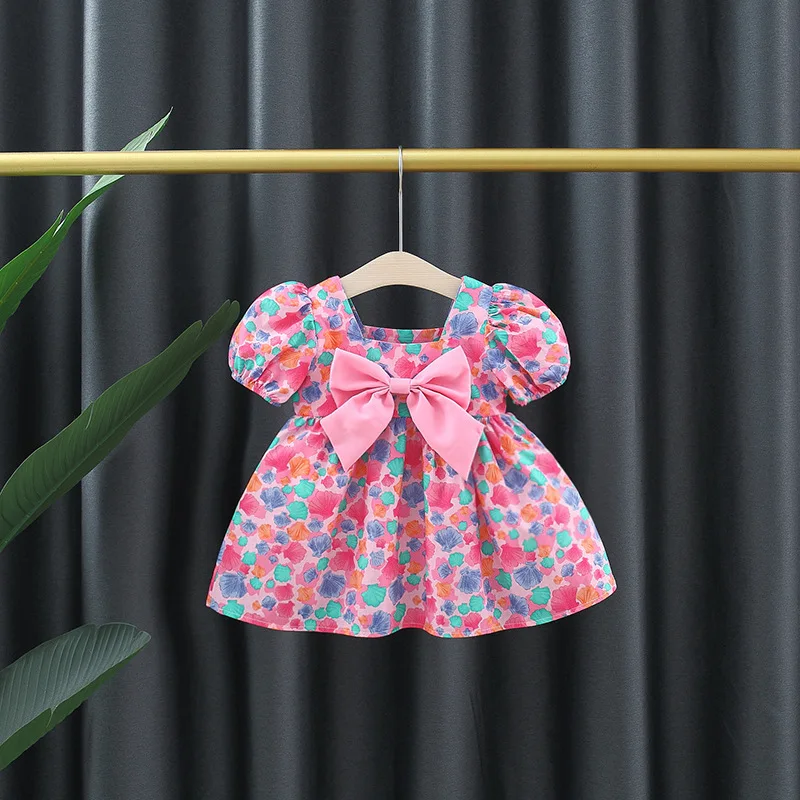 Baby Girl Summer New Dress Sweet Shell Printed Bubble Sleeves Big Bow Cotton Cloth Skirt Suitable for Children Aged 80-110