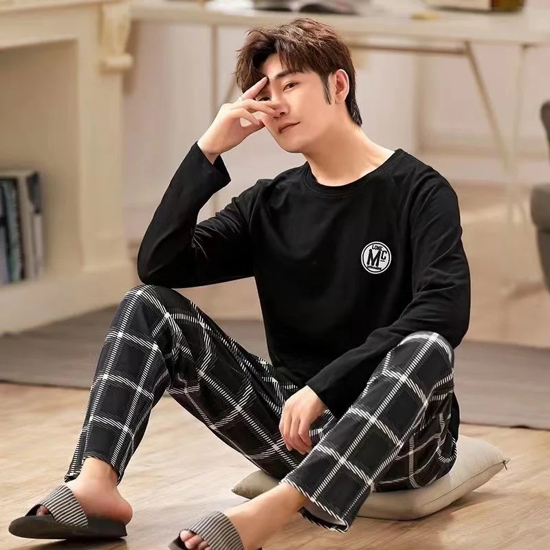 2PCS/Set Men\'s Pajamas Autumn Winter Long-Sleeved Fashion Soft Simple Casual Homewear Man Black Comfortable Striped Loungewear