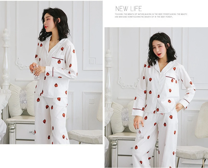 Conjunto de pijama con estampado de fresas para mujer, Top y pantalones con solapa de manga larga, detalles de bolsillo en el pecho, camisón acogedor de tela agradable para la piel