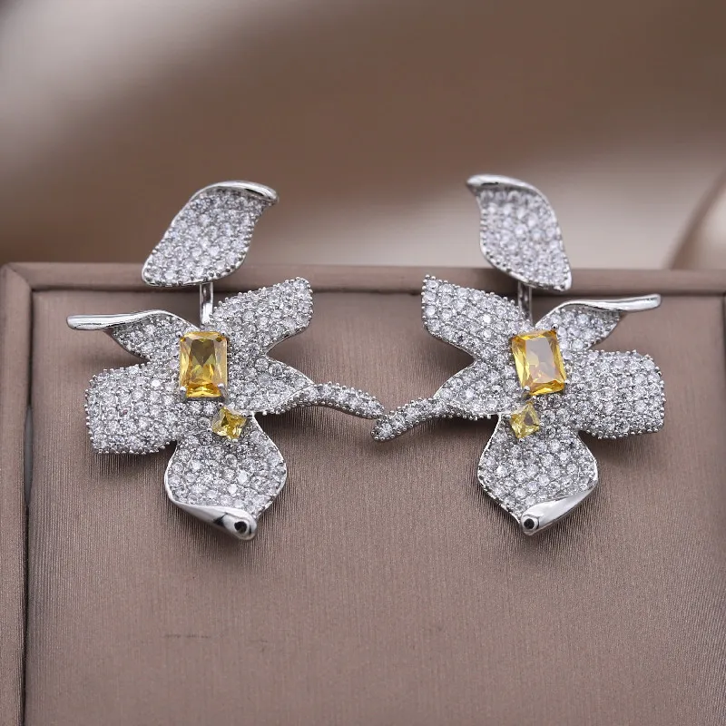 European American New Design Fashion Jewelry Luxury Full Zircon Large Flower Earrings Elegant Women\'s Wedding Party Accessories