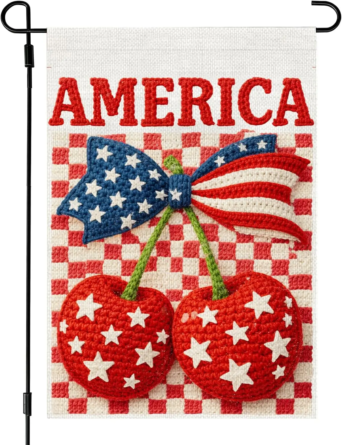 Crochet Patriotic Bow Checkered Garden Flag 12x18 Inch Double Sided, Cute 4th of July Summer Independence Day Memorial Day Y PPZ