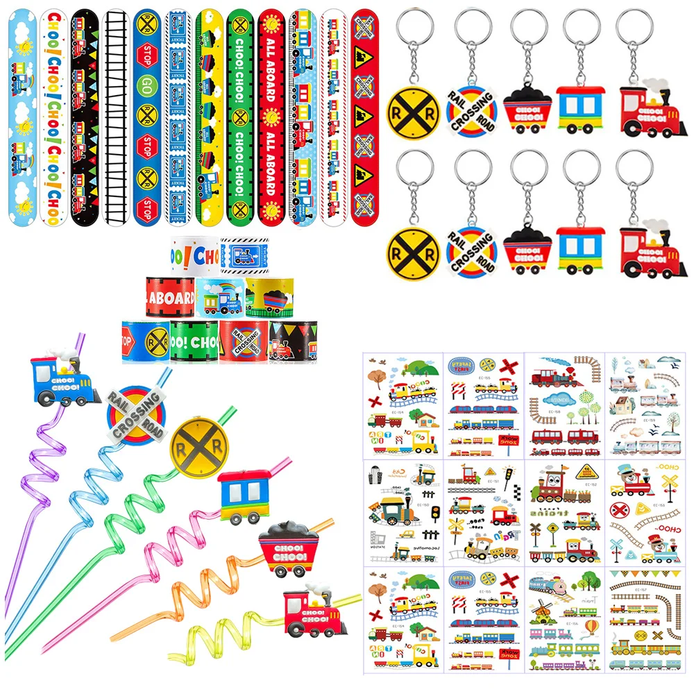 

Train Party Favors Plastic Straws Train Birthday Decorations Slap Bracelets Temporary Tattoos keychains Gift Bag Filler for Kids