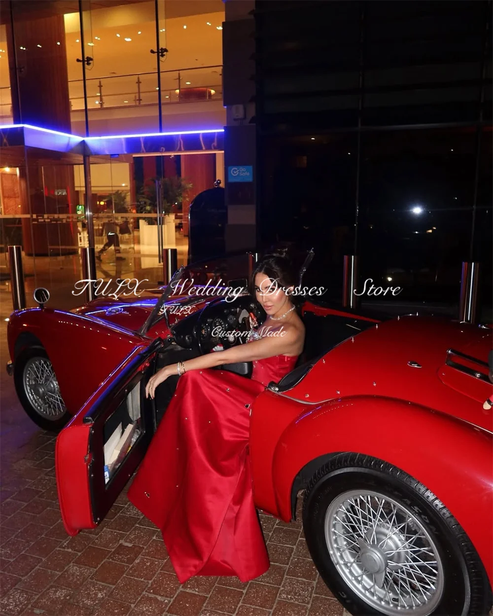 TULX rouge bretelles Satin brillant Biamond robe de soirée élégante une ligne longue robe de soirée arabie formelle Occasion robe personnalisée