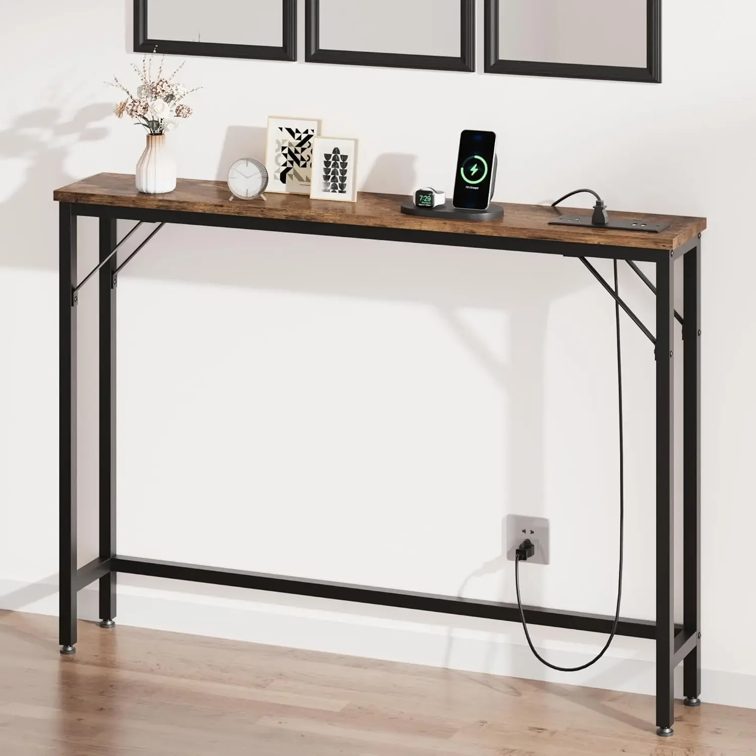 

5.9" Narrow Console Table with Outlets, Skinny Behind Couch Table for Living Room, Slim Sofa Table with Metal & MDF