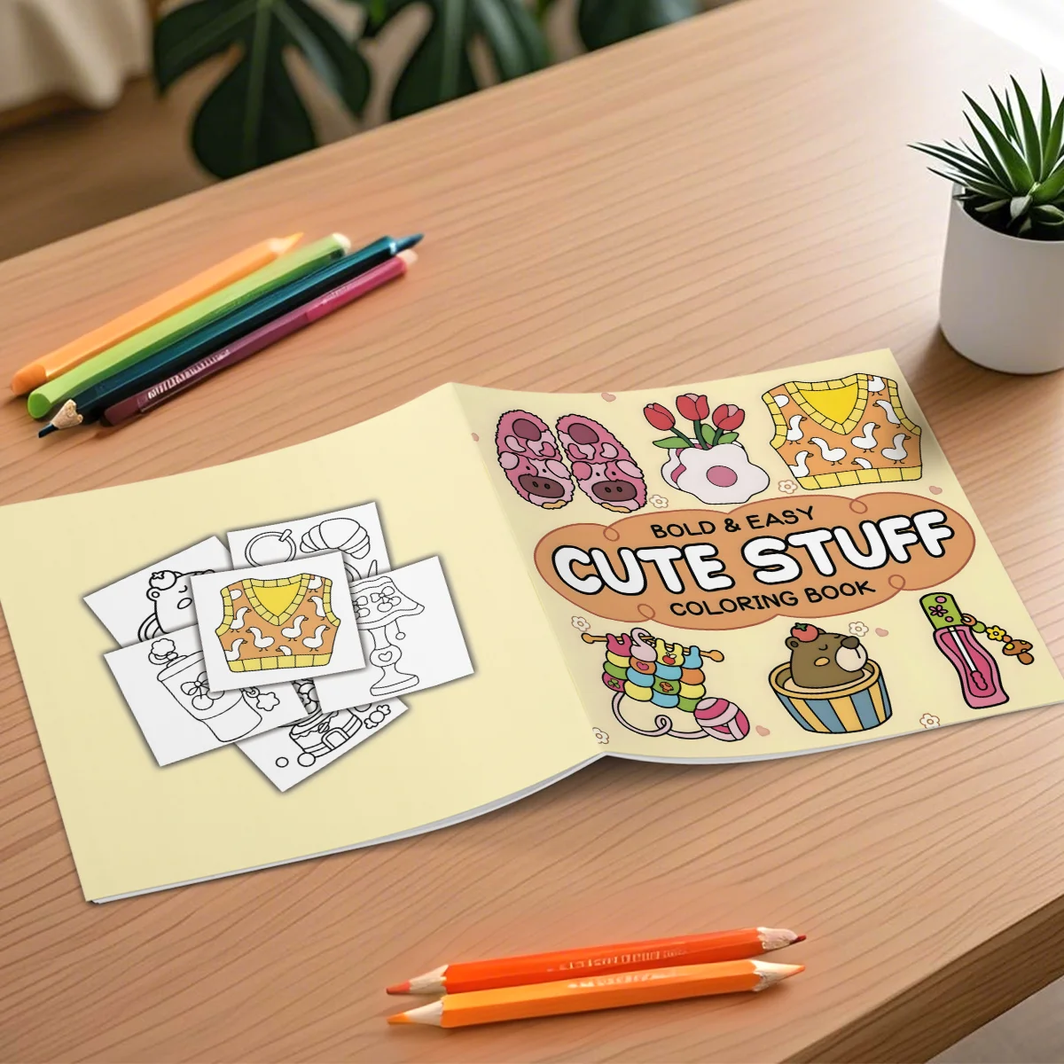 BOLD & EASY CUTE STUFF Coloring Book for Adults Cartoon Designs Fashion Style Simple Stress Relief Graffiti Painting Drawing