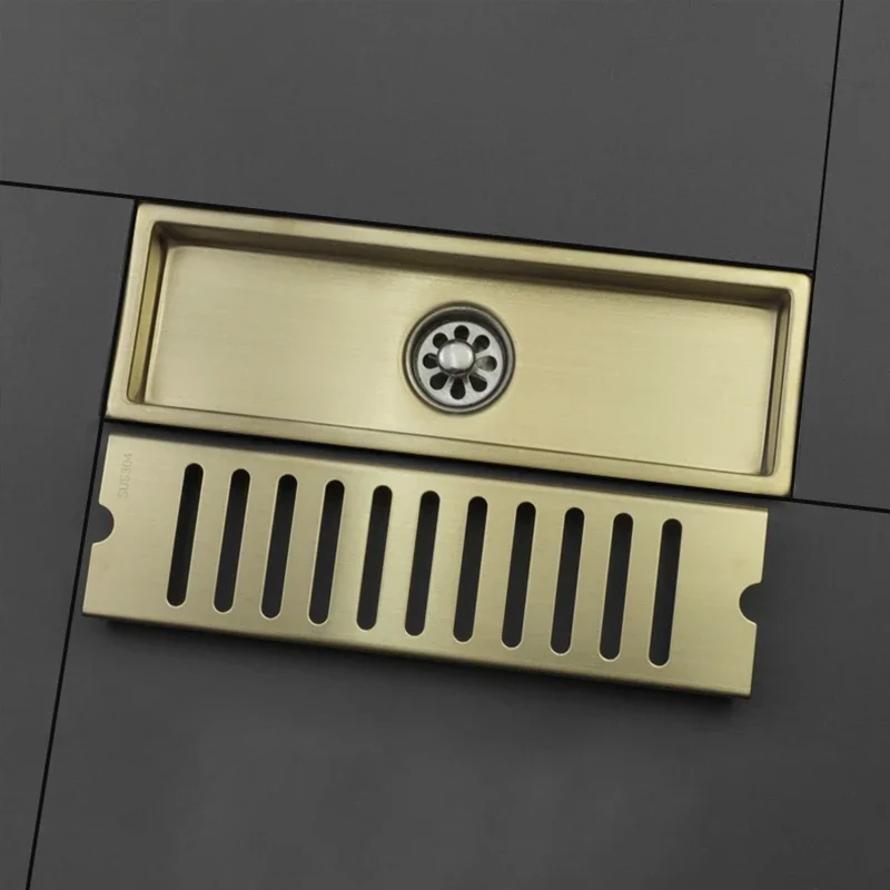 Rectangle 304 Stainless Steel Black Brushed Gold Bathroom Linear Shower Floor Drain Waste Trap Long Drainage Conceal Floor Drain