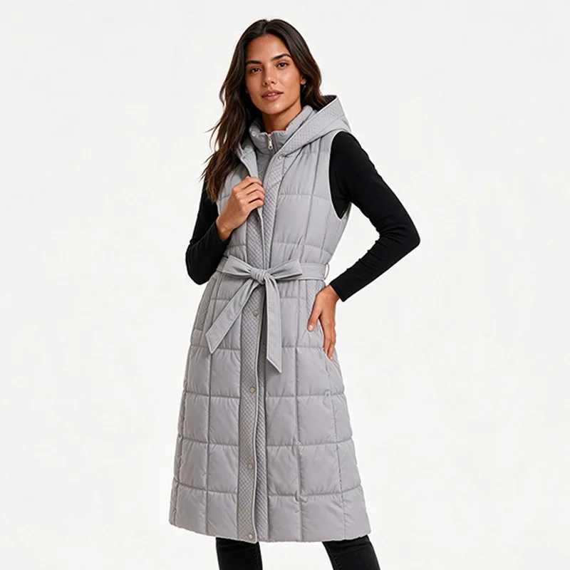 Down cotton vest women's drawstring winter 2026 new medium and long Korean version loose thickened sleeveless vest jacket