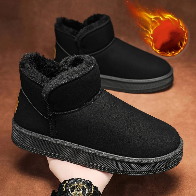 Winter Fleece-Lined Warm Cotton Shoes for Men, Fashionable and Versatile Suede Leather Snow Boots