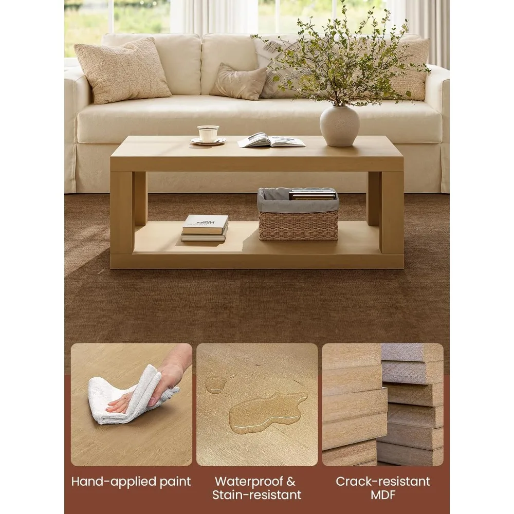 Coffee Table, 47" Rectangle Coffee Table with 2-Tier Storage Space, Large Farmhouse Center Table Space, Customized