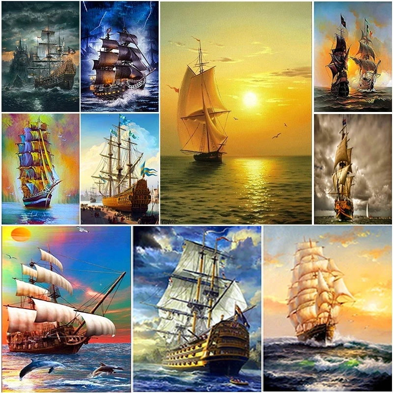 Landscape Ship Sailing Sea DIY Diamond Painting Boat Cross Stitch 5D Full Diamond Embroidery Mosaic Home Decor Handmade Art