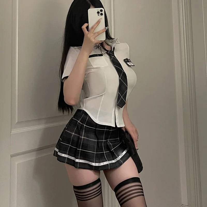 Women Sexy Lingerie Slim Fit Schoolgirl Cosplay Outfit Student JK Uniform Shirt with Plaid Pleated Skirt Panties Set Costume