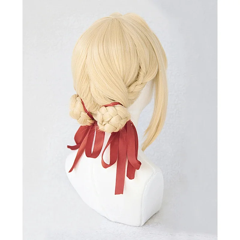 Cosplay Ponytail Violet Evergarden Women Personality Bun Blonde Cosplay Costume Hair Heat Resistant Wig Cap Ribbon