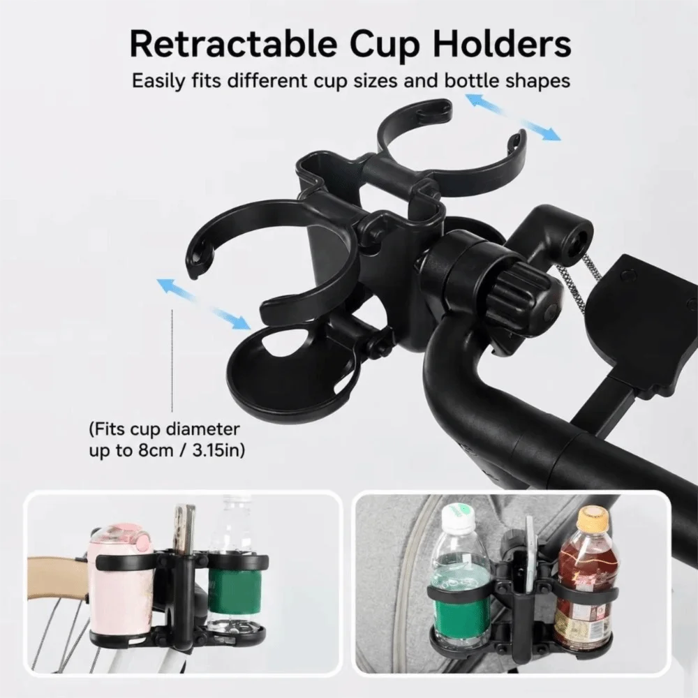3 in 1 Stroller Cup Holder Double Cup Foldable Drink Rack Adjustable Space Saving Pushchair Bottle Organizer Outdoor Activities