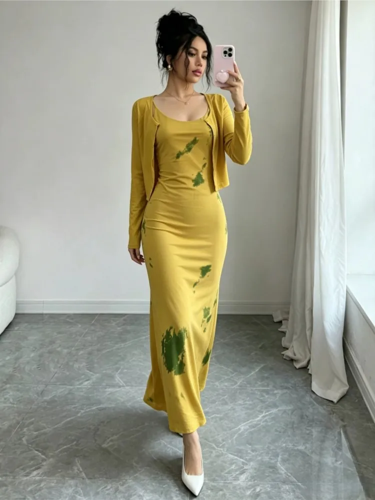 Elegant Women Print 2 Piece Matching Outfit Top Midi Bodycon Dress Long Sleeve Cropped Cardigan Casual Daily Street Sets Dresses