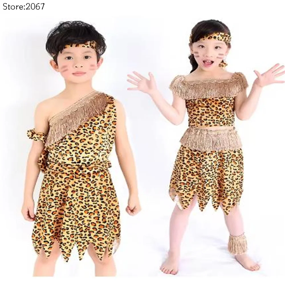 Children Savage Caveman Costumes Boy and Girl Leopard African Tribal Hunter Clothes Native American Modern Dance Performance Set view 2