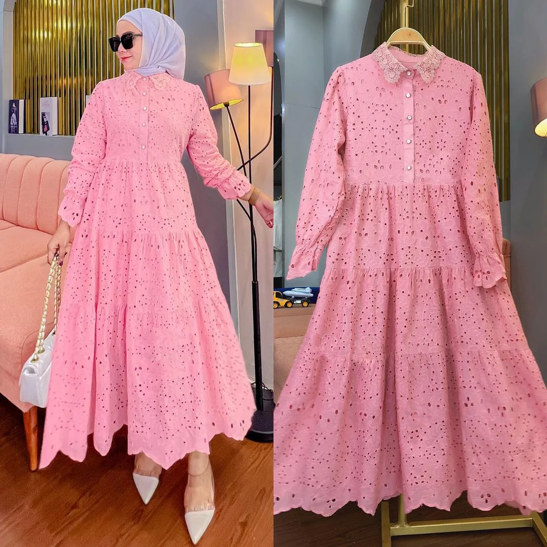 Jalabiya Women Eid Muslim Abayas Embroidered Hollow Lace Dress Turn Down Collar Long Sleeve Robe Solid Women Party Dresses