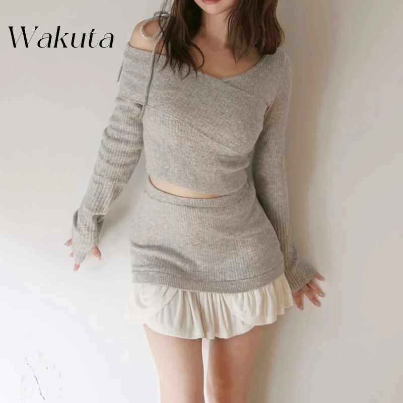 Wakuta Spring Autumn Japanese Niche One Neck Off Shoulder Sweet Knitted Sweaters Casual Lady Splicing Bag Hip Skirt Sexy Y2k Set