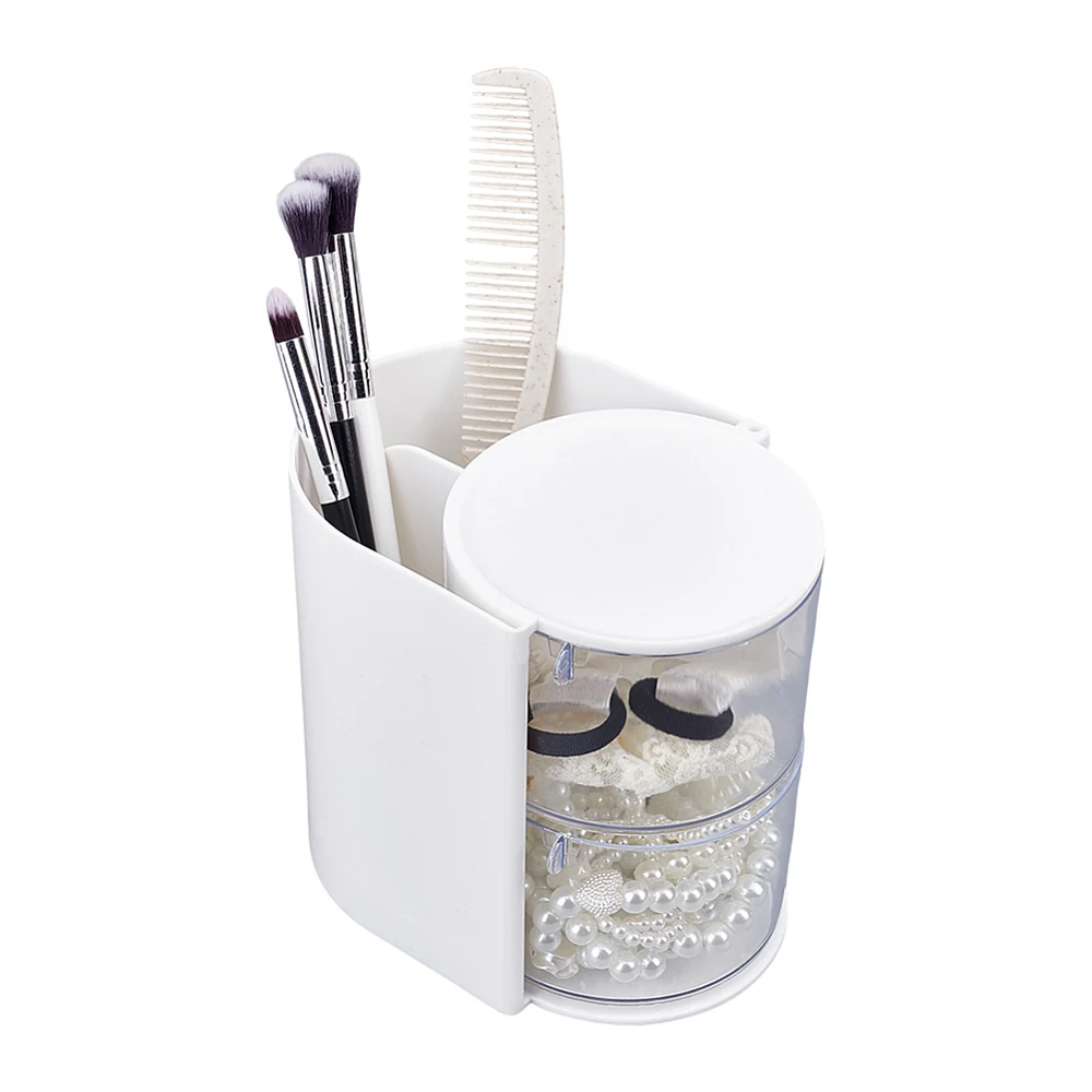 2-Layers Plastic Makeup Puff Storage Box Rotating Cosmetic Storage Organizer Clear Hair Organizer Hair Brushes Holder Jewelry