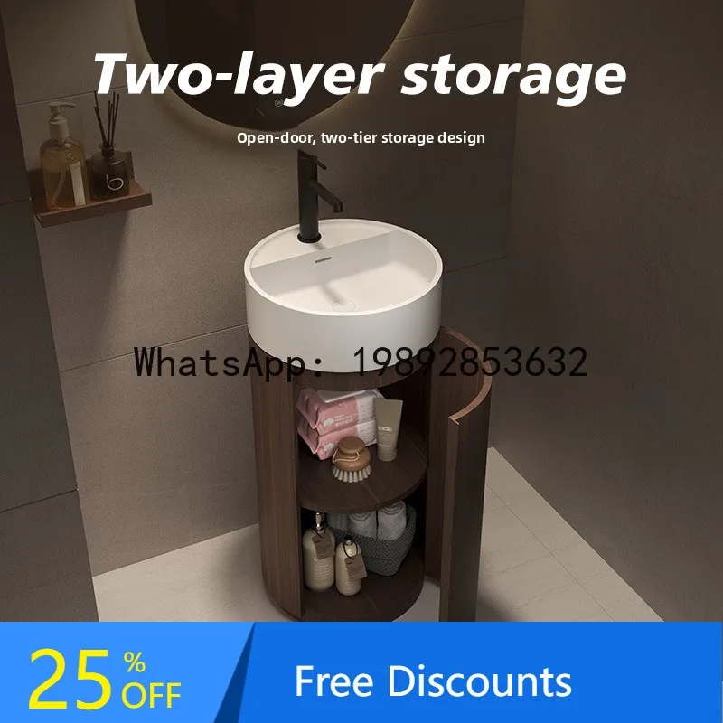 

YFY Artificial Stone Wood Grain Pedestal Basin for Home Villa Homestay Hotel Floor-standing Integrated Storage Wash Basin