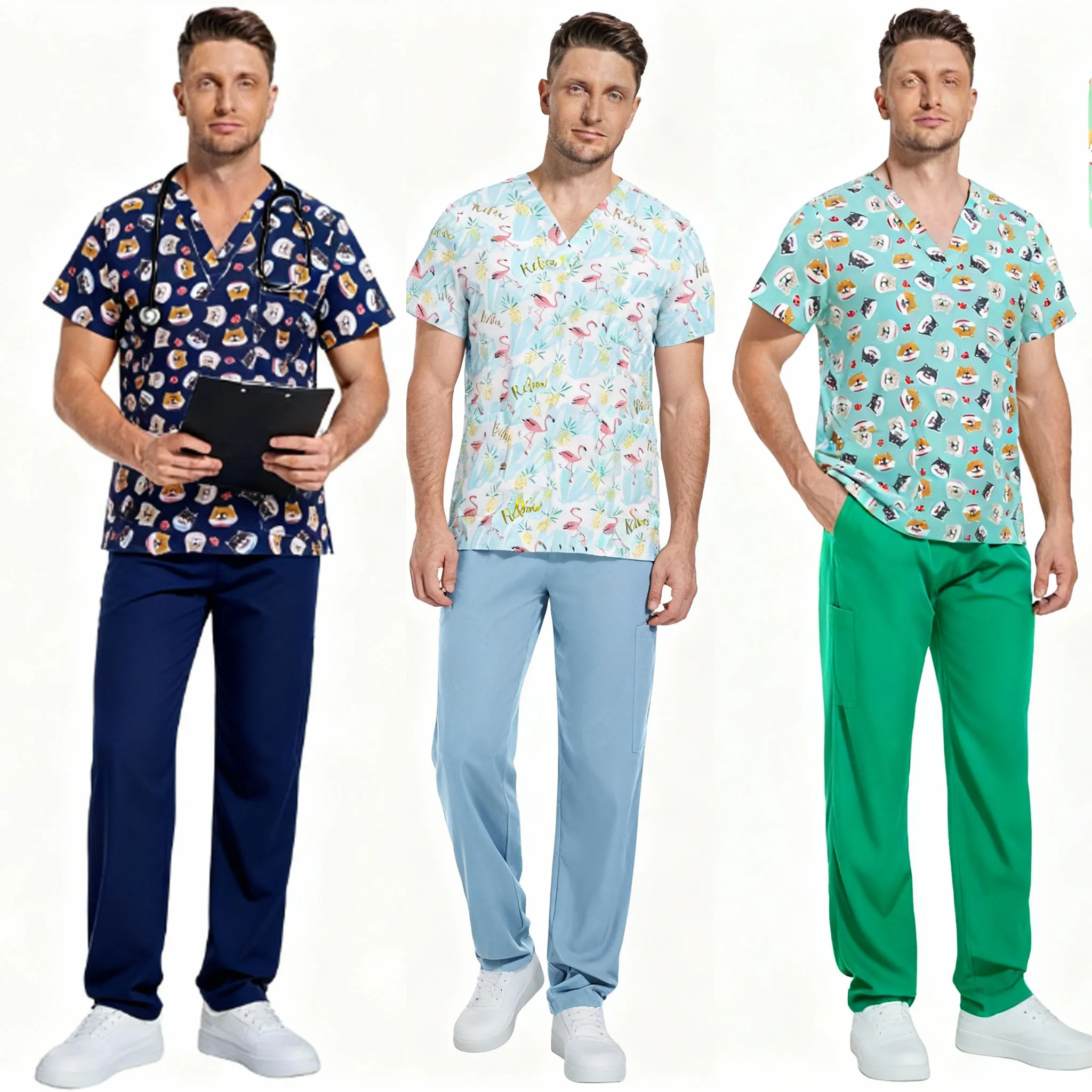 

New Shirts Medical Nurse Uniform Print Red Christmas Uniforms Men V Neck Short Sleeve Pockets Nursing Clinical ScrubScrubs