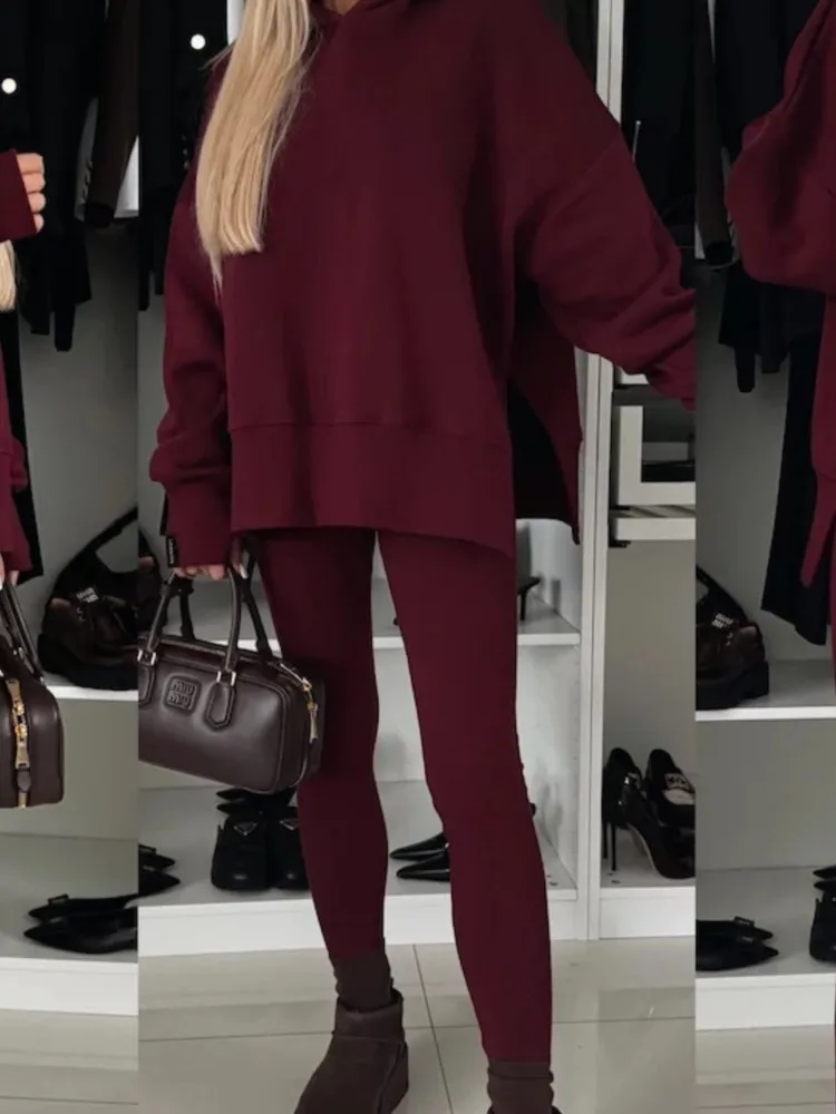 2025 스트라이프 신상 매칭 세트 여성용 투피스 세트 후디 레깅스 대비 색상 루즈핏 올매치