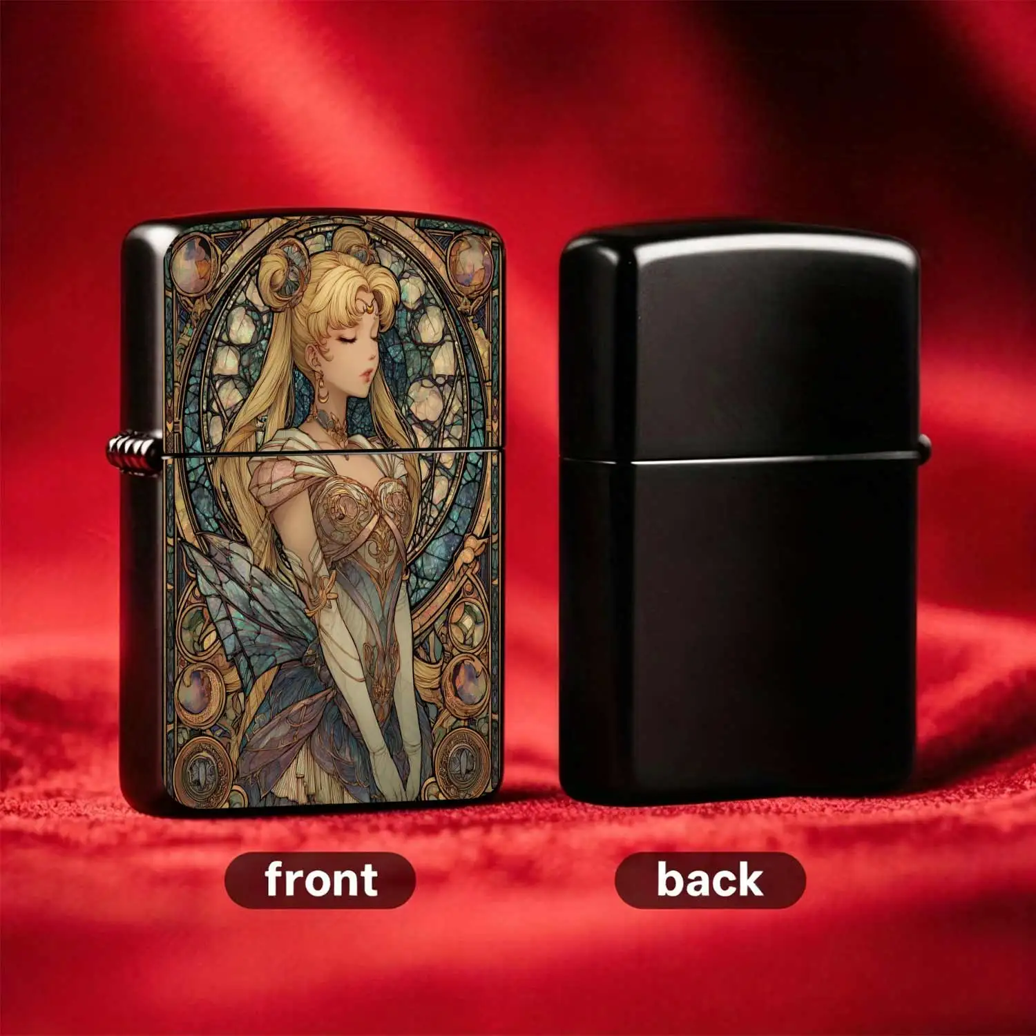 Art Nouveau Style Pocket Windproof Lighter, Reusable Flip-top Design, Exquisite Anime Character Stained Glass Pattern, High-value Collectible Portable Daily Ignition Tool with Retro Aesthetic