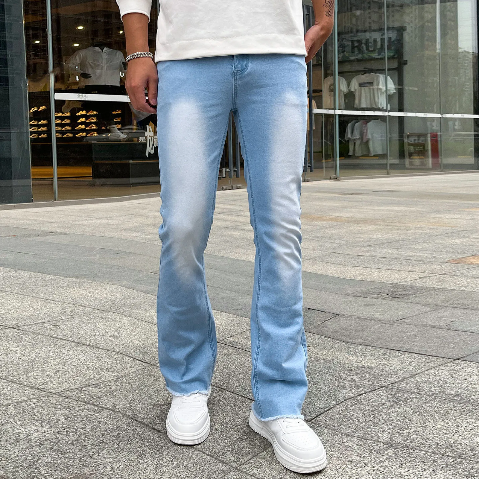 سراويل جينز للرجال بنمط شعلة ، جينز غير رسمي بجيوب كبيرة ، مستقيم ، بنطال بساق واسعة ، شارع مرتفع ، جينز للرجال بالأسى