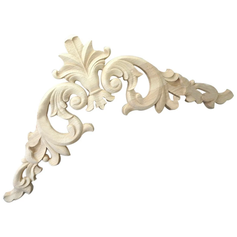 2Pcs Rubber Wood Carved Long Applique Unpainted Flower Walls Cabinets Door Decor Wood Color