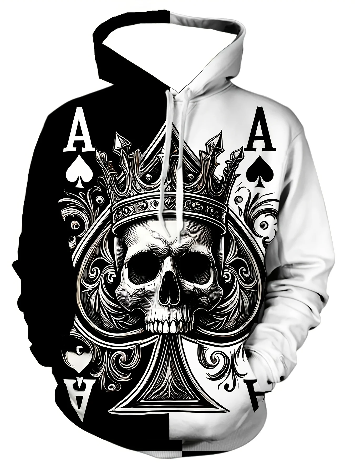 Sudadera con capucha informal de manga larga con patrón de póker de esqueleto para hombre en 3D con bolsillo con cordón, chaqueta con capucha con patrón de moda, moda deportiva