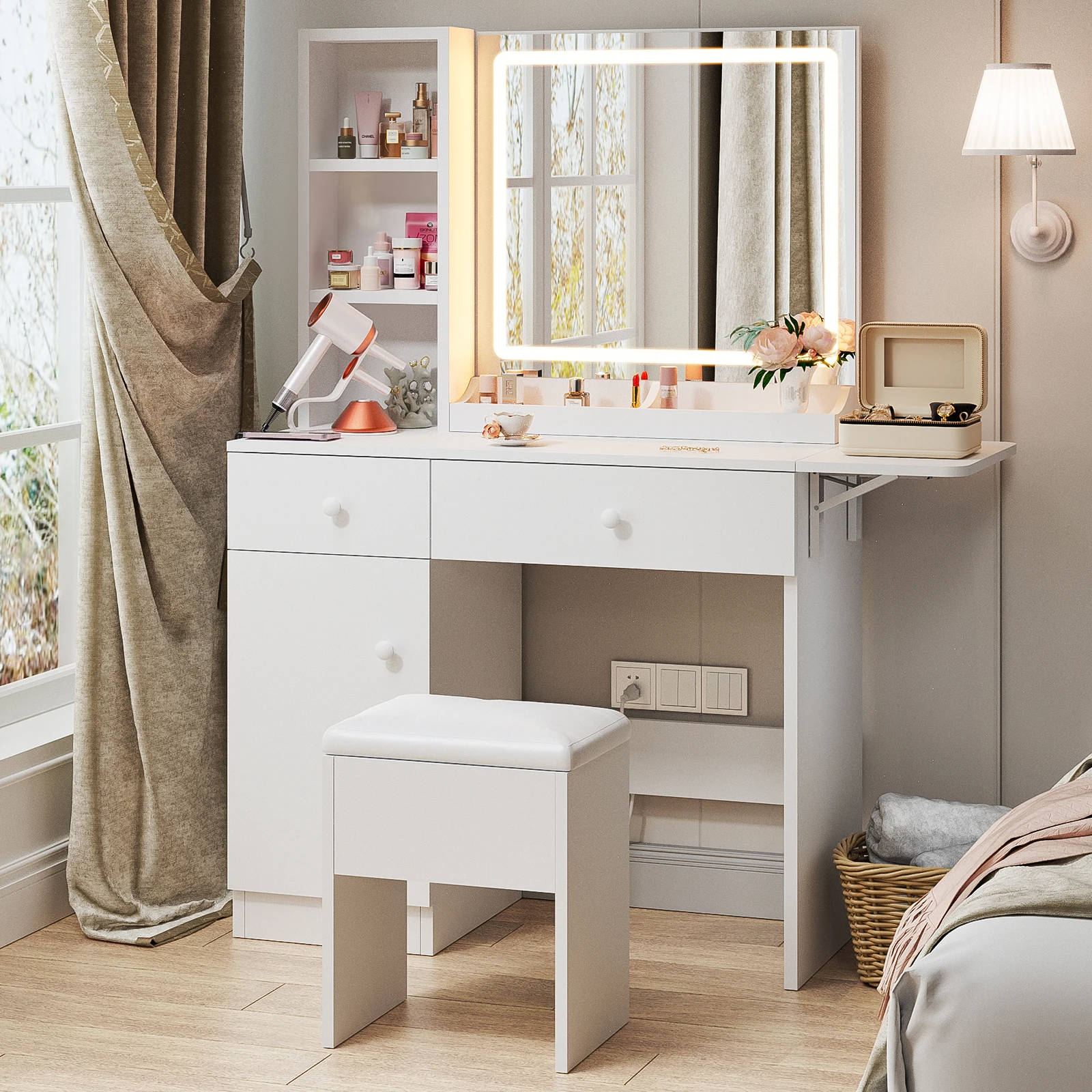 

Туалетный столик с зеркалом и подсветкой, регулируемыми 3-цветными режимами освещения, набор для макияжа с розетками и табуретом, подходит для спальни.