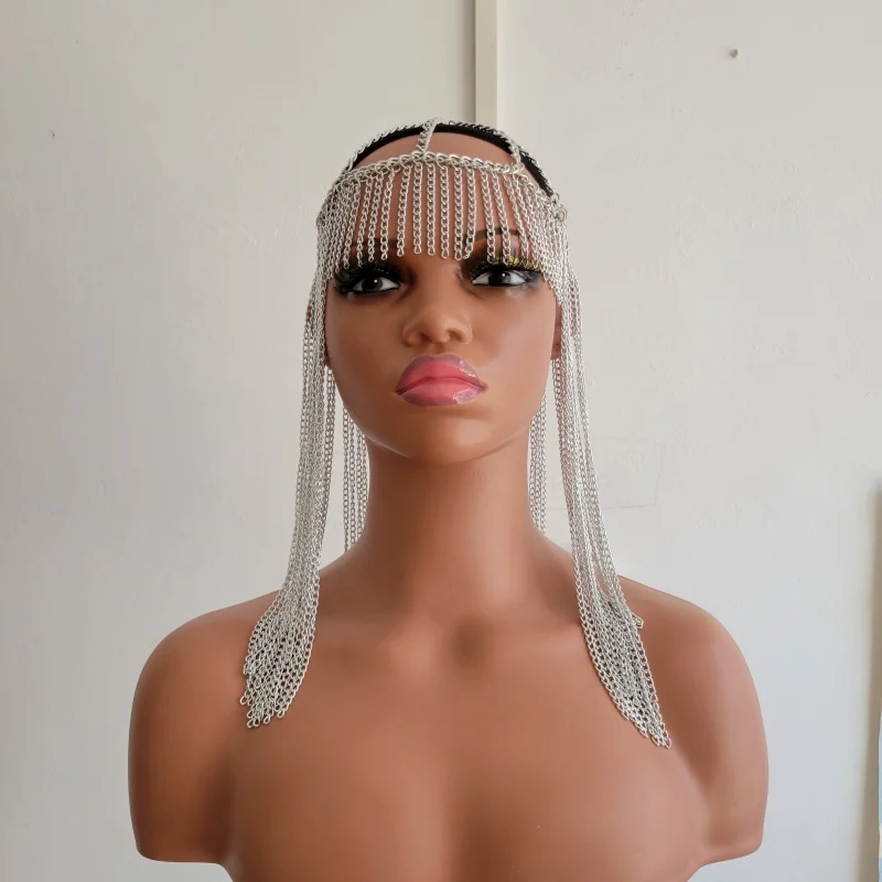 Damen Haarschmuck mit Quasten und Metallketten, Fransen-Kopfschmuck, hohles Netz-Kopfband für Nachtclub, Rave, Festival, Cosplay, Party, Körperkette – Detail 5