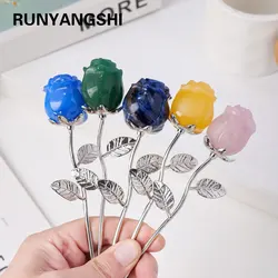 1PC Natural Crystal Crafts Rose Quartz Flowers Statue Healing Gemstone Valentines Day Gold Rod Rose Flower for Wedding Gifts