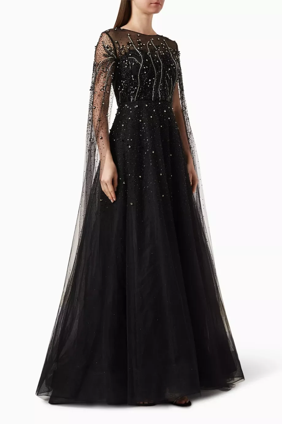 

Elegant Embellished Cape-sleeve Gown in Tulle Women Evening Maxi Dresses 2024 O-neck Sequin Mermaid Prom Formal Gowns فساتين سهر
