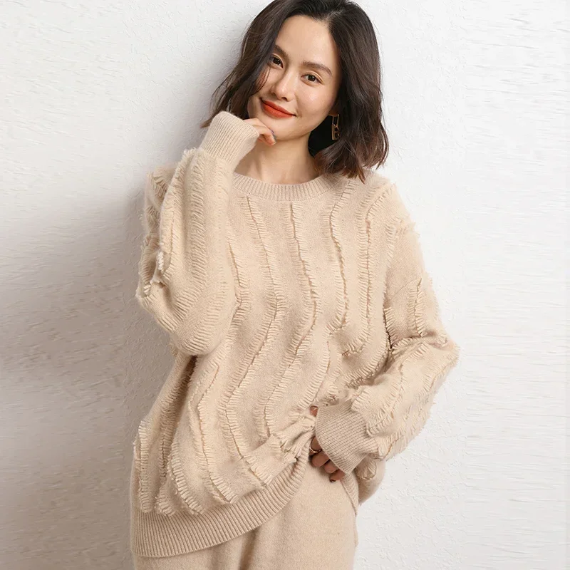 2023 Hot Sale Autumn Winter Women's 100% Cashmere Sweater Fashion O-Neck Pullover Female Loose Large Size Thicken Knit Jumper