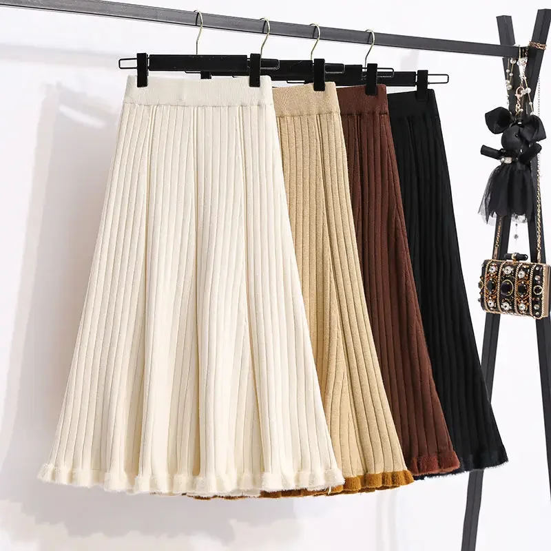 Autumn Temperament A-Line Solid Color Knitted Tassel Skirt Elegant Fashion Elastic High Waist Skirts Women's Clothing Z551