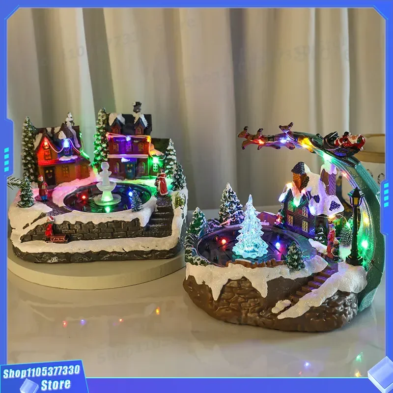 Rotating Resin Fountain Music Box with Water Spray and Concert Light Effects Christmas Holiday Decorative Ornament Gift for