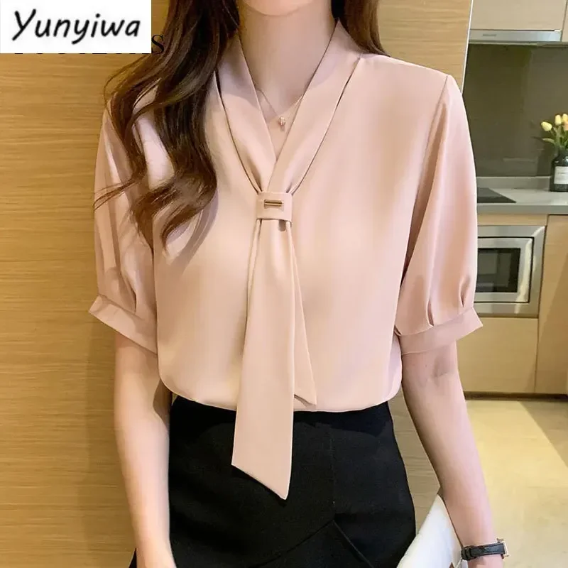 Korean Ribbon Women Shirts Blouses Short Sleeve Shirts Top Chic Office Lady Chiffon Blouse Tops Fashion Woman Tie Shirt