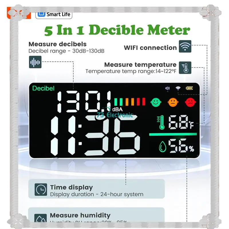 24-Hour Delivery Tuya Smart Wifi 5 In 1 CO2 Gas Detector Decibel Meter Noise Level Sensor Temperature Humidity Monitor For Home