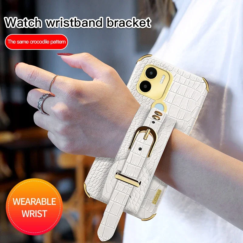 

Wrist Strap Crocodile Leather Soft Phone Case for Redmi A1 Plus A2 A3X A4 5G A5 4G Protection Stand Holder Silicone Cover Cases
