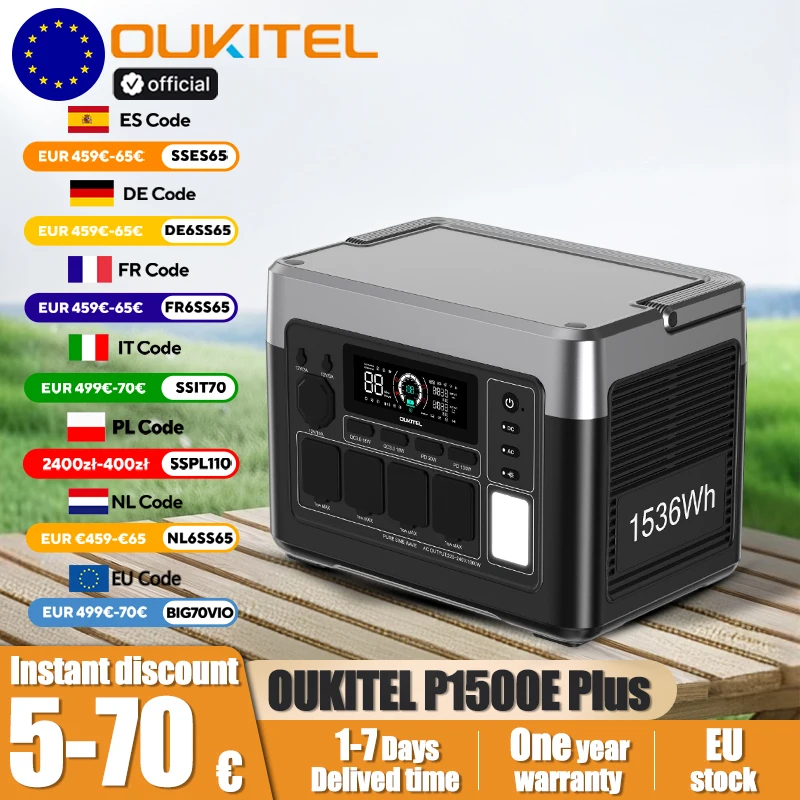 OUKITEL P1500E Plus Portable Power Station 1800W Output Power 1536Wh LiFePO4 Family Outdoor Camping Backup Power Mobile Power