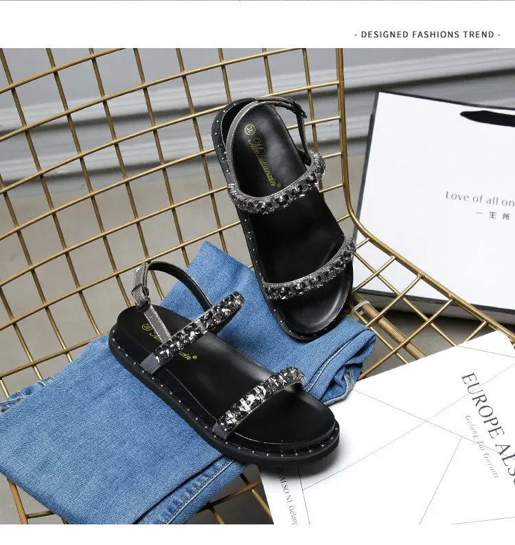 Rhinestone Band Platform Sandals Women Thick Bottom Flat Summer Gladiator Sandalias Mujer Crystal Beads Sandalias Femininas 2024