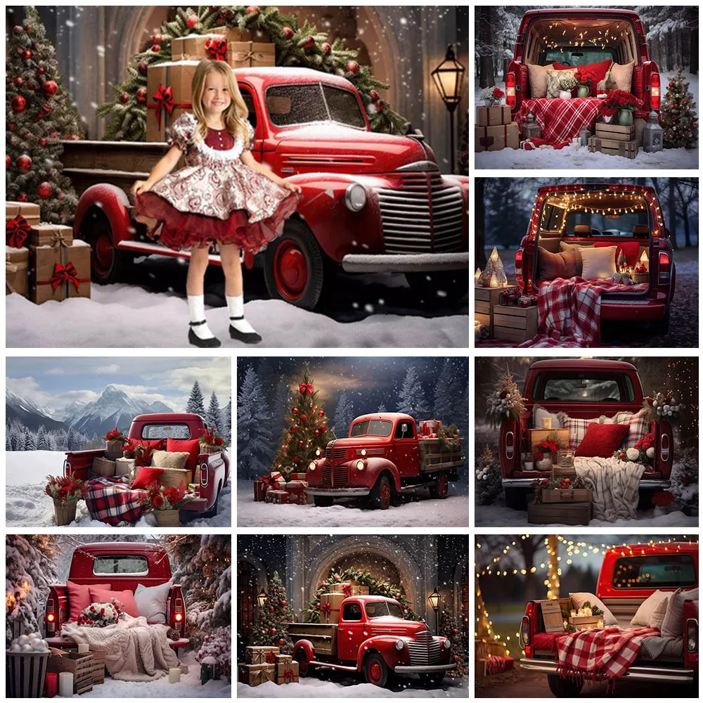 

Mocsicka Winter Christmas Backdrop Red Car Xmas Tree Snow Forest Children Portrait Background Photography Studio Photocall Props