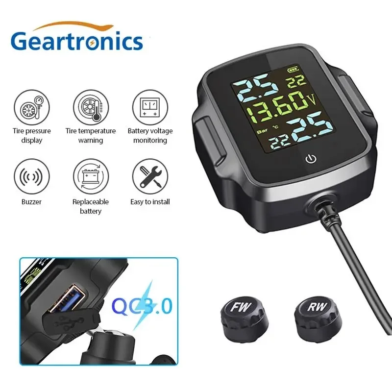 Motorcycle TPMS With QC 3.0 Fast Charging USB Output Motorbike Tire Pressure Monitoring System Tyre Temperature Alarm System