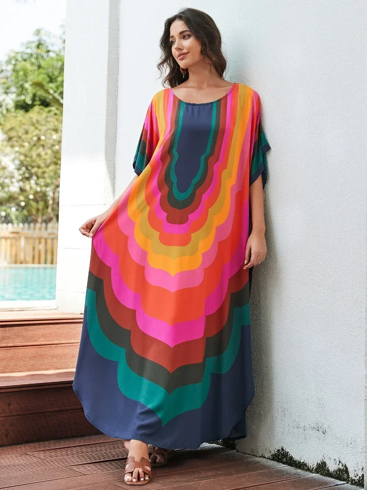 LORYLEI Colorful Women Kaftan Long Dress For Women 2024 Summer Causal Round Neck Batwing Sleeve Outfit Moo Moo Dresses Q1632