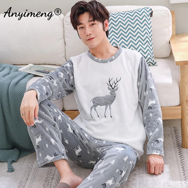 Winter New Warm Flannel Boy\'s Monster Bear Thick Pajama Sets Men Sleepwear Soft Fleece Sleep Leisure Preppy Man Pajamas Clothing