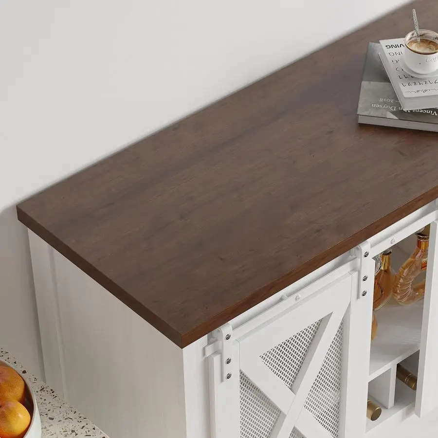 Coffee Bar Cabinet with Storage Sliding Barn Door Kitchen Buffet, Wood Sideboard Console Cabinet with Wine Rack amp Glass Holder