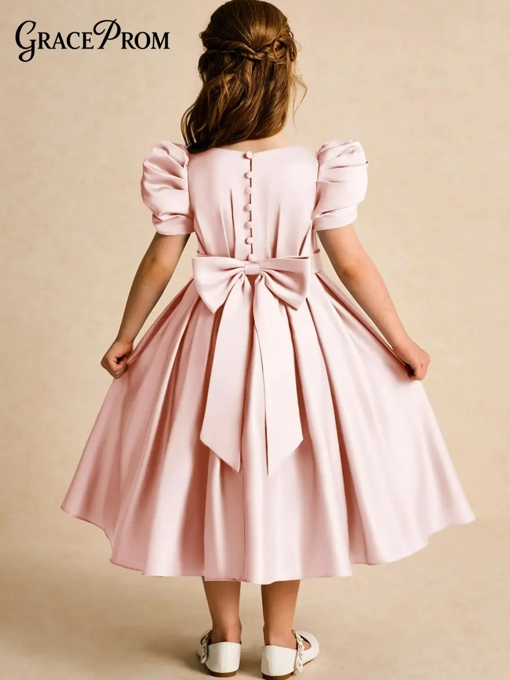 Classic Satin Ring Girl Dress Girl Stage Show Dress Girl Princess Dress Classic Short-Sleeved Floor-Length Party Gown