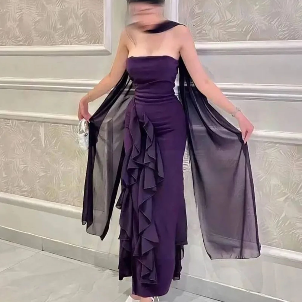 Elegant Strapless Jersey Pleats Purple Evening Dress Straight Classic Floor Length Sleeveless Special Occasion Gown Saudi Arabia