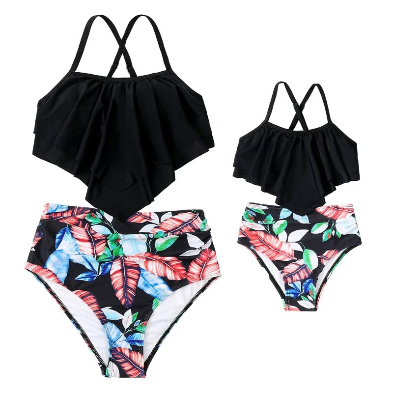Family Matching Clothes Bikini Mum Daughter Ruffled Swimsuits Dad Son Shorts Beachwear Summer Children's Baby Separate Swimwear