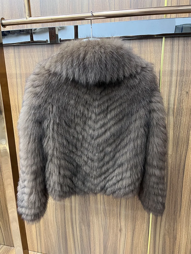 Winter Women Natural Fox Fur Coat Thick Warm Real Fur Strip Sewed Toghter V-neck Jackets Luxury Outerwear